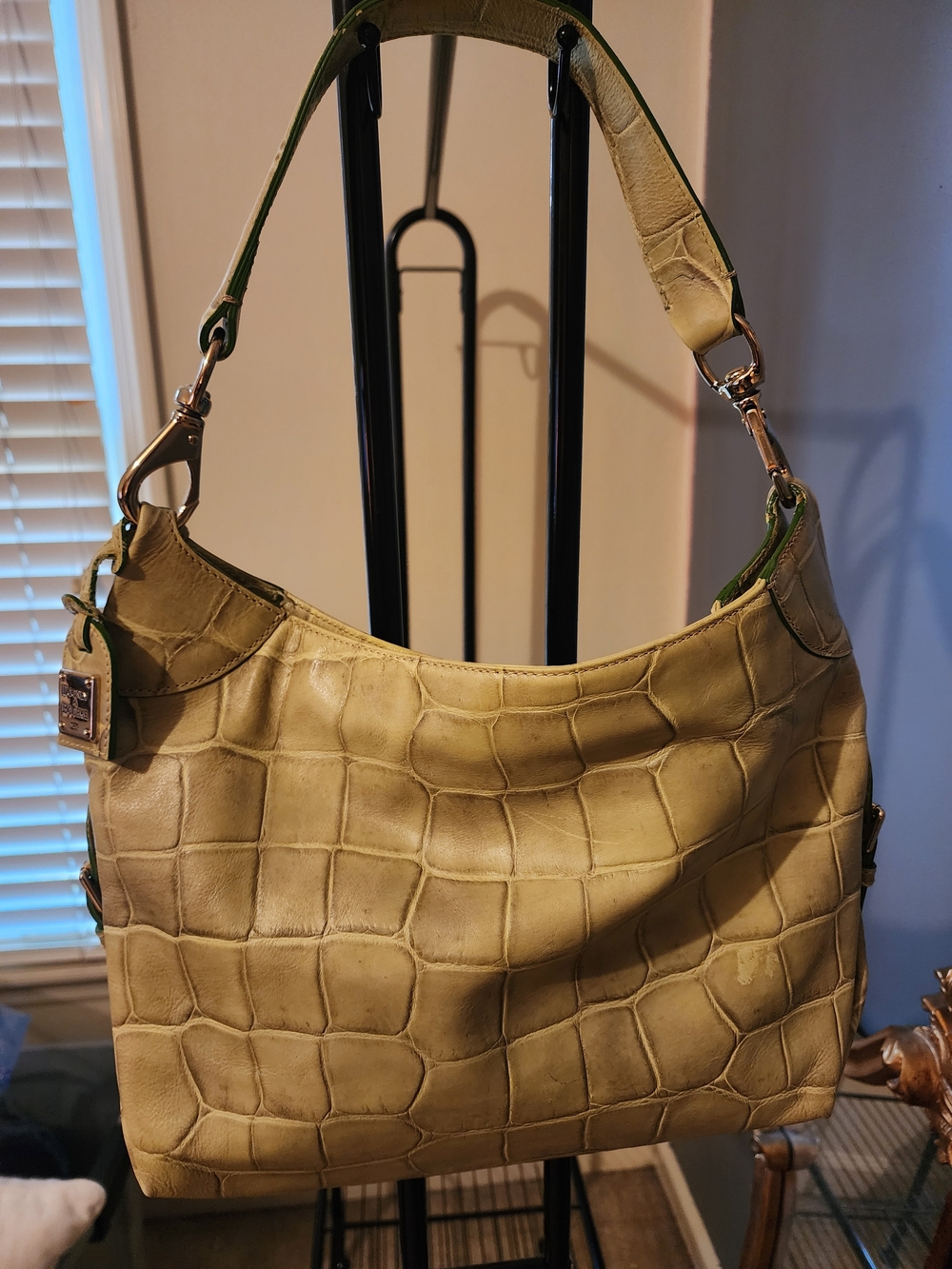 Vintage Dooney & Bourke Croc-Embossed Olive Leather Hobo Shoulder Bag